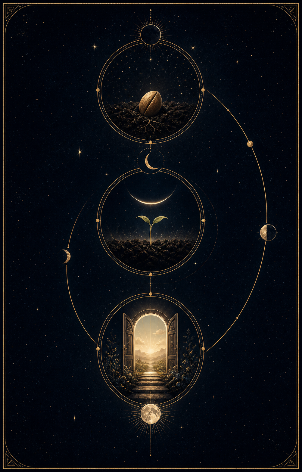 New moon meaning astrology image showing seed, sprout, doorway, and intention-setting symbols