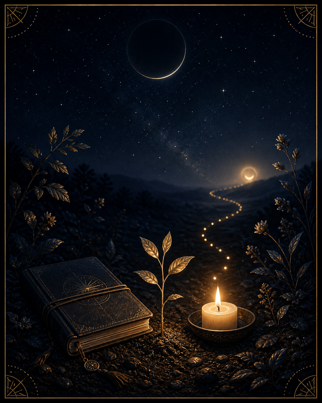 New moon intention integration image with dark moon, candle, journal, sprout, and path of gold light