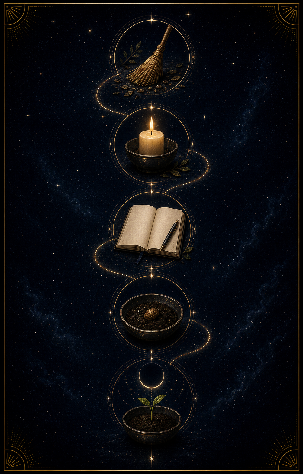 New Moon ritual steps image with broom candle blank journal seed bowl sprout and dark moon
