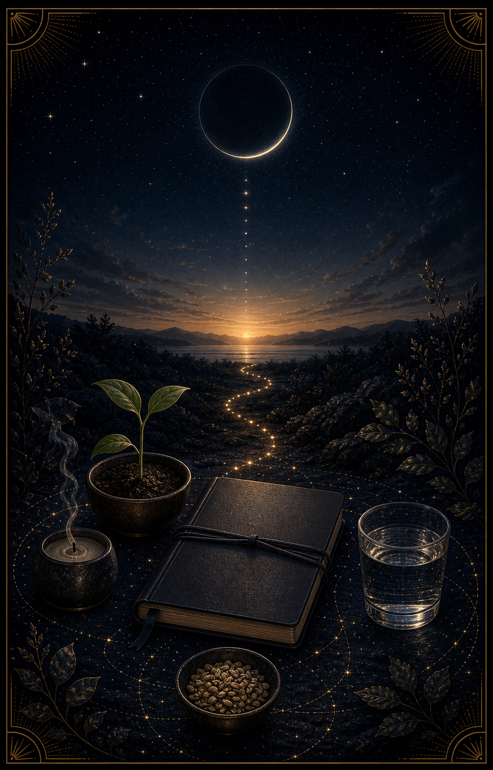 New Moon ritual integration image with sprout crescent journal candle seed bowl and water