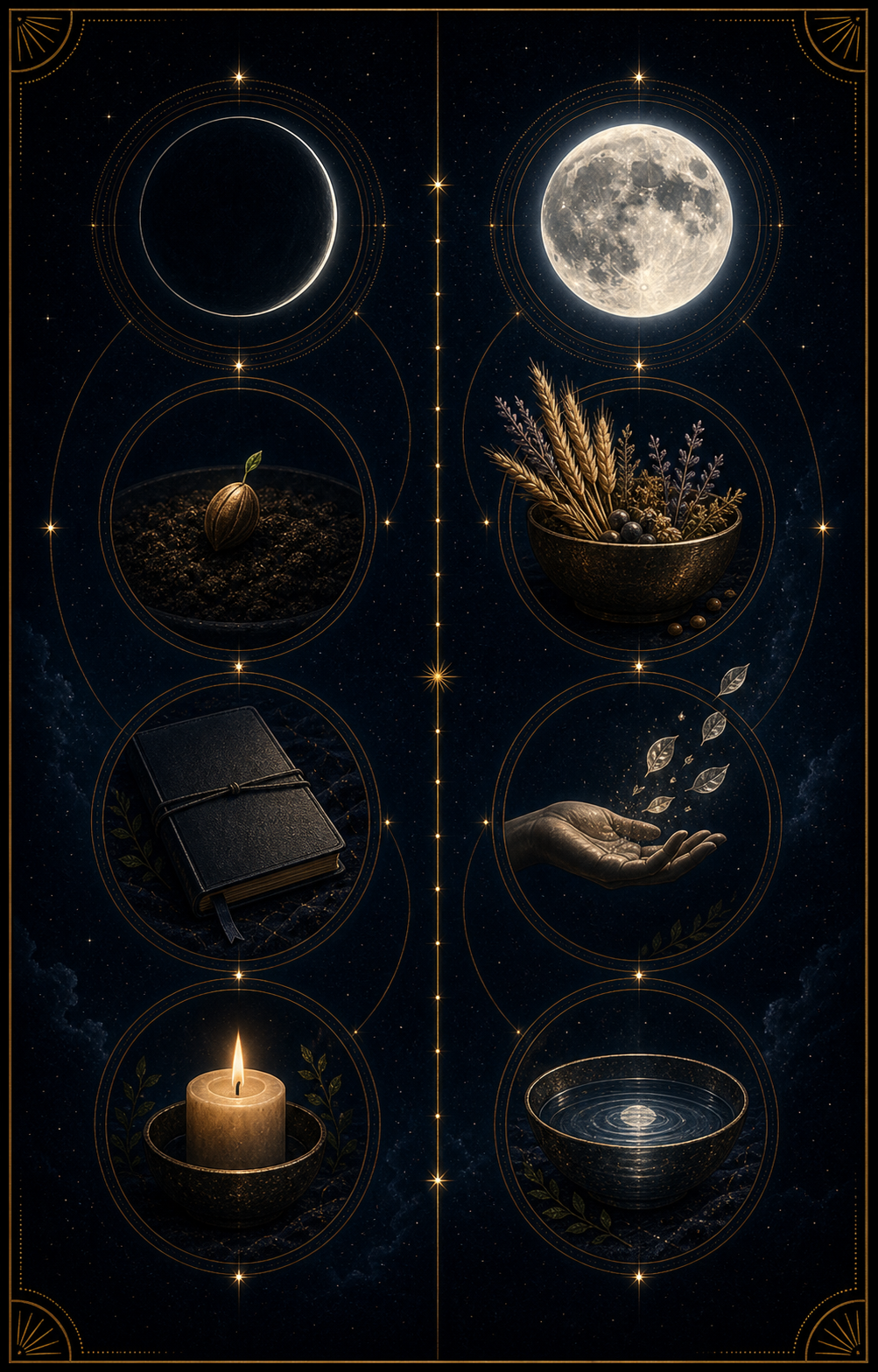 New Moon vs Full Moon image comparing intention symbols with release symbols