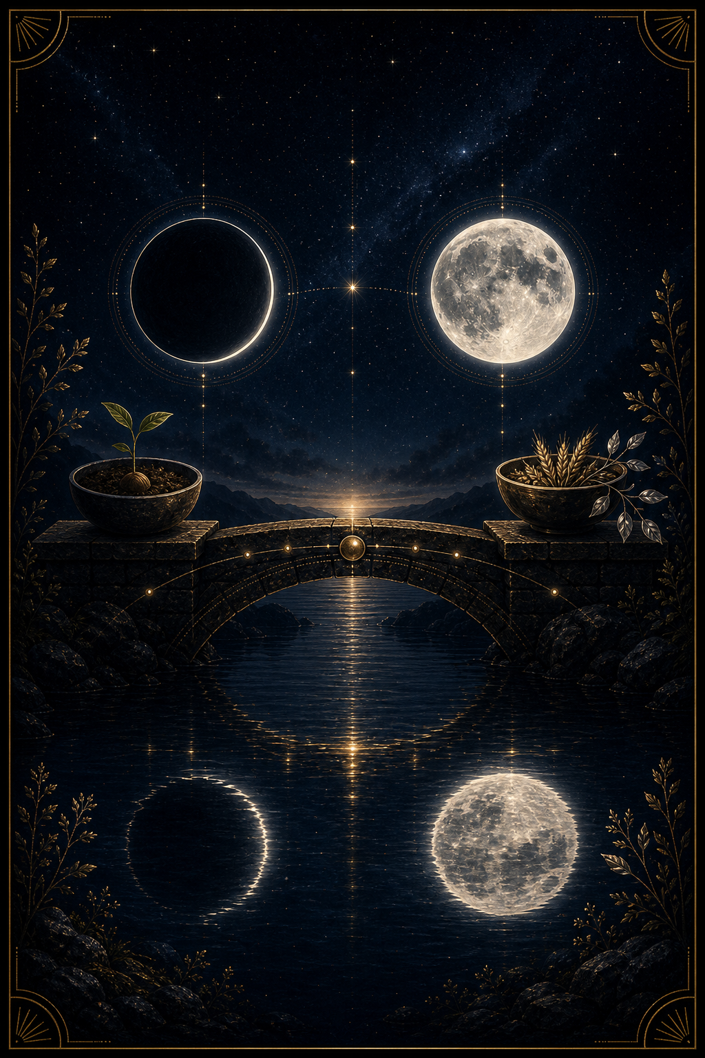 New Moon and Full Moon integration image with seed bowl harvest bowl lunar bridge and water reflection