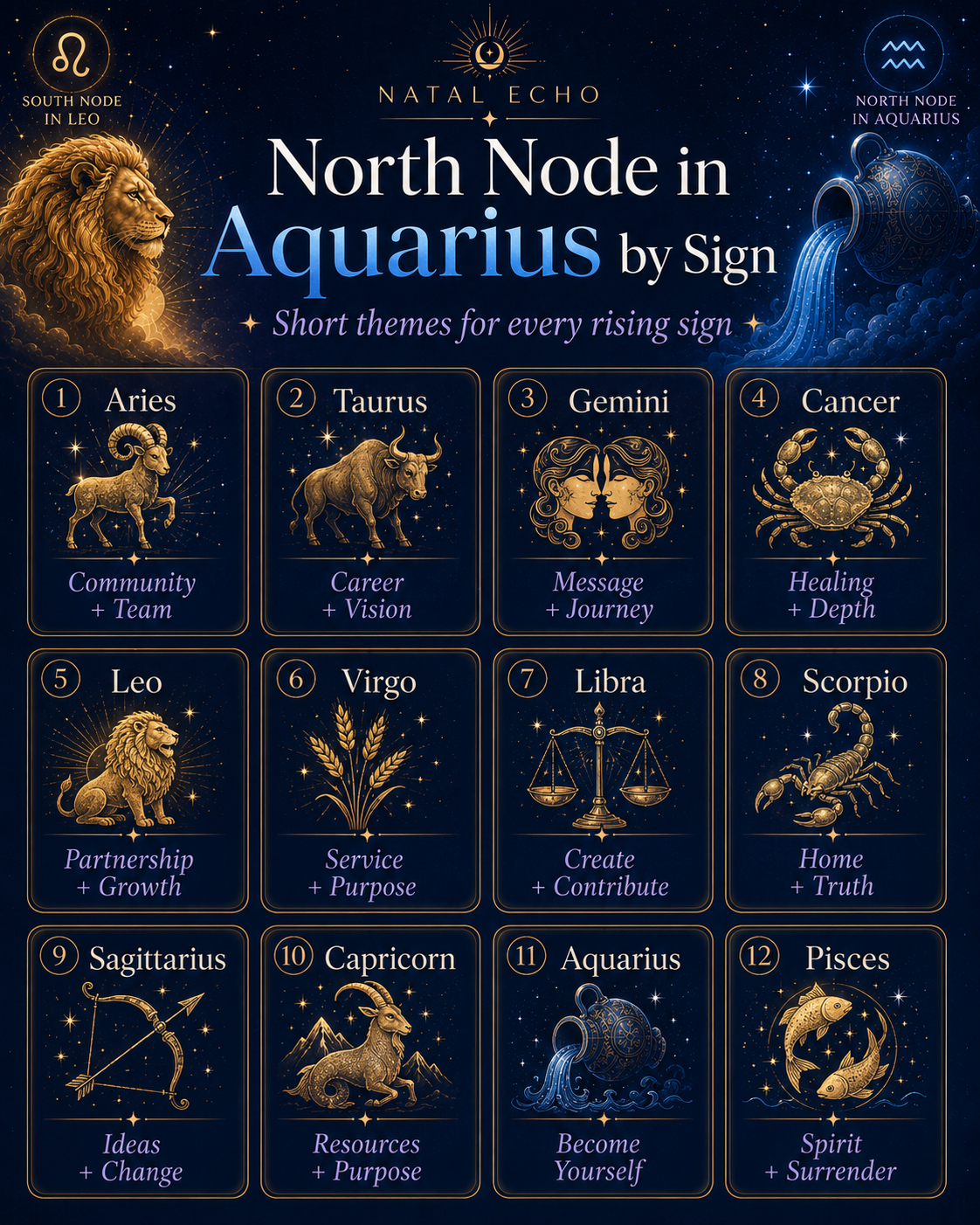 North Node in Aquarius 2026: Life Purpose Shifts — House by House & Sign by Sign - Read by rising sign for your Aquarius-Leo nodal axis