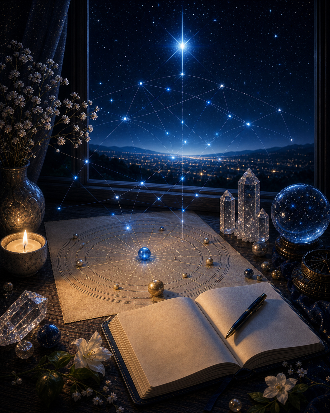 North Node Aquarius integration image with blank journal, birth chart wheel, blue guiding star bead, candle, and crystal