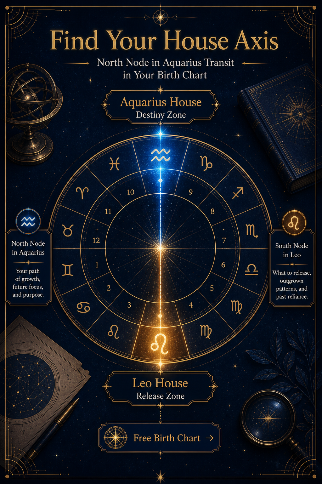 Birth chart house axis guide for finding the Aquarius destiny zone and Leo release zone
