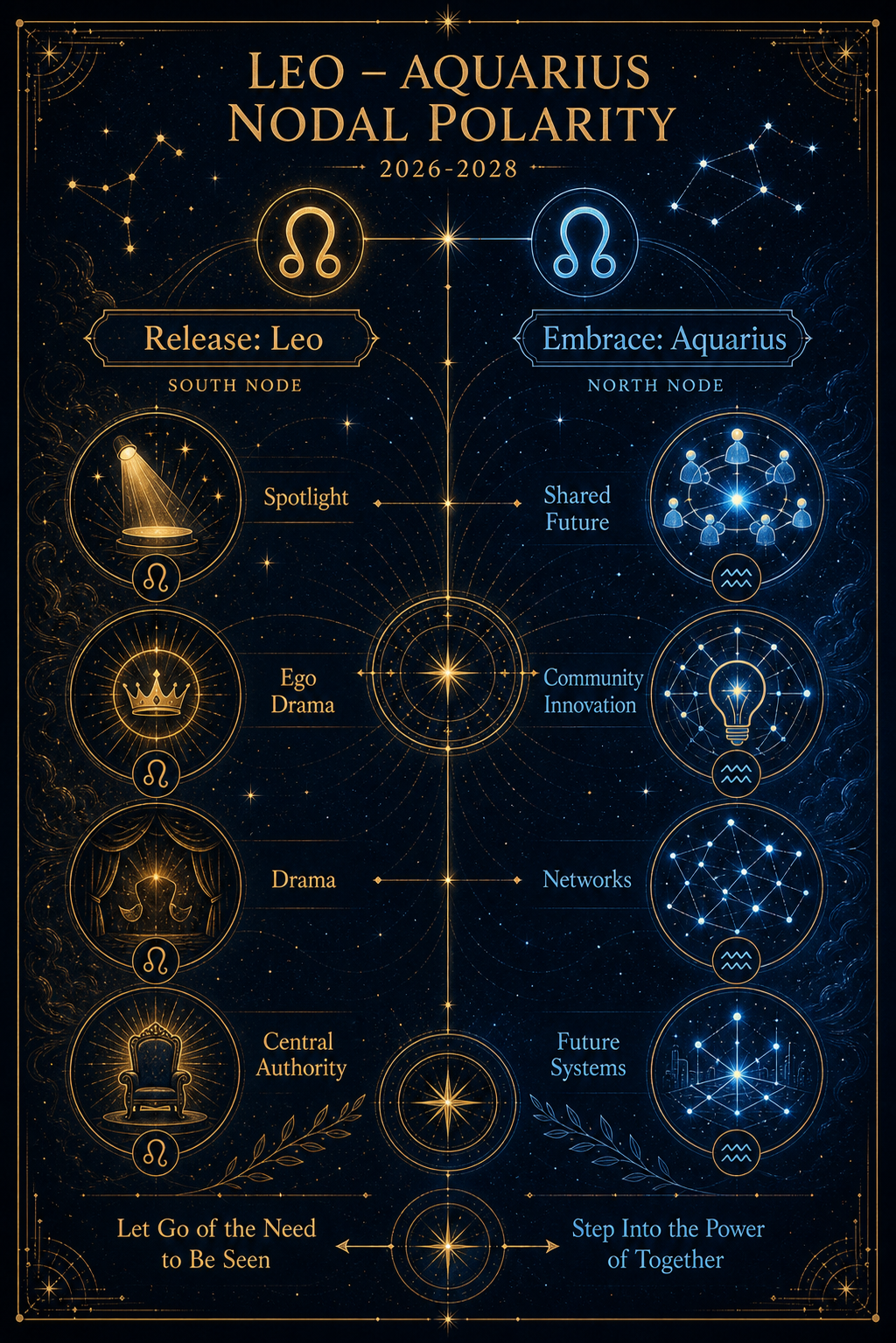 Leo Aquarius nodal polarity infographic showing what to release and what to embrace