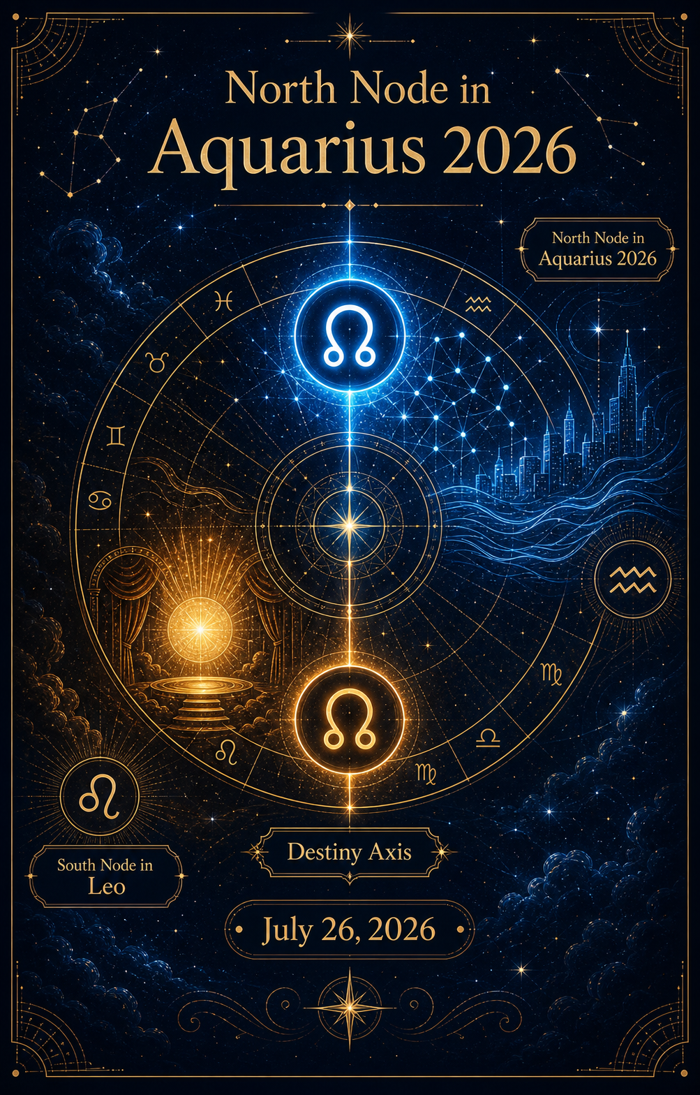 North Node in Aquarius 2026 destiny axis with South Node in Leo in a celestial astrology chart