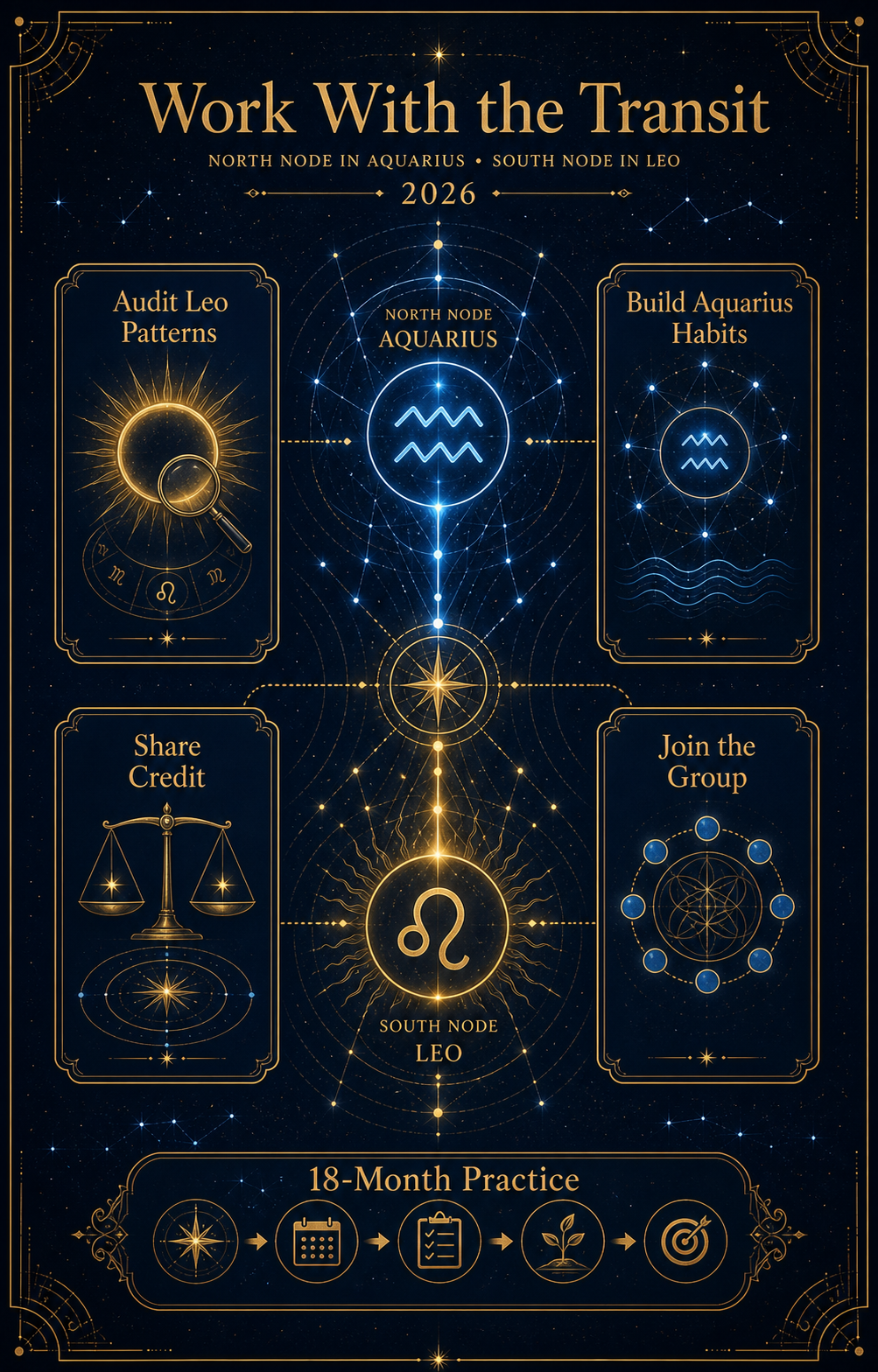 Practical North Node in Aquarius transit guide with Leo audit, Aquarius habits, sharing credit, and joining the group