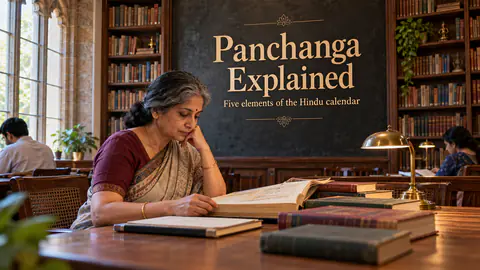 A woman studies an open reference book in a library beneath a Panchanga sign