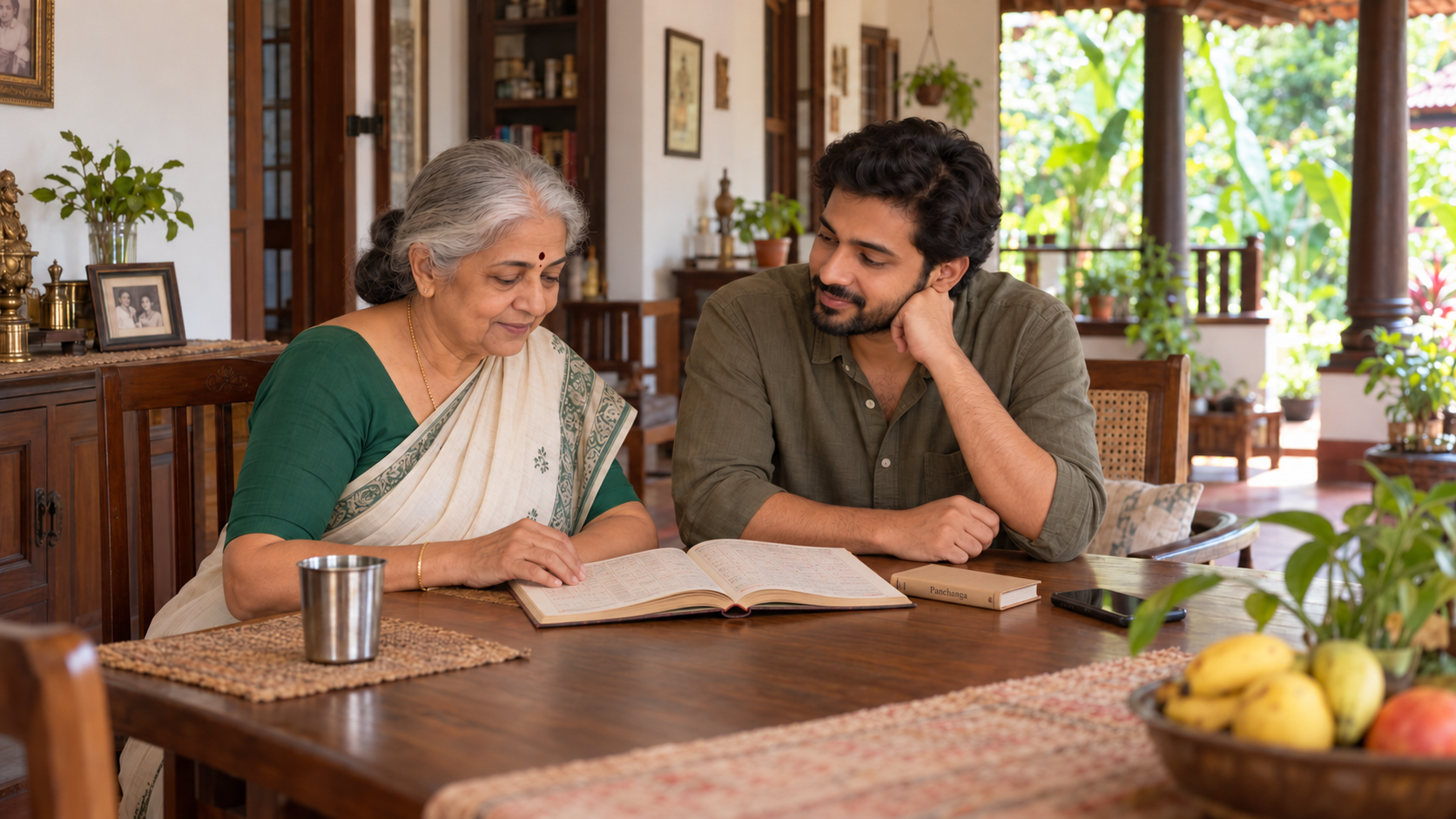 A mother and adult son consult an almanac together at their family dining table in Kerala
