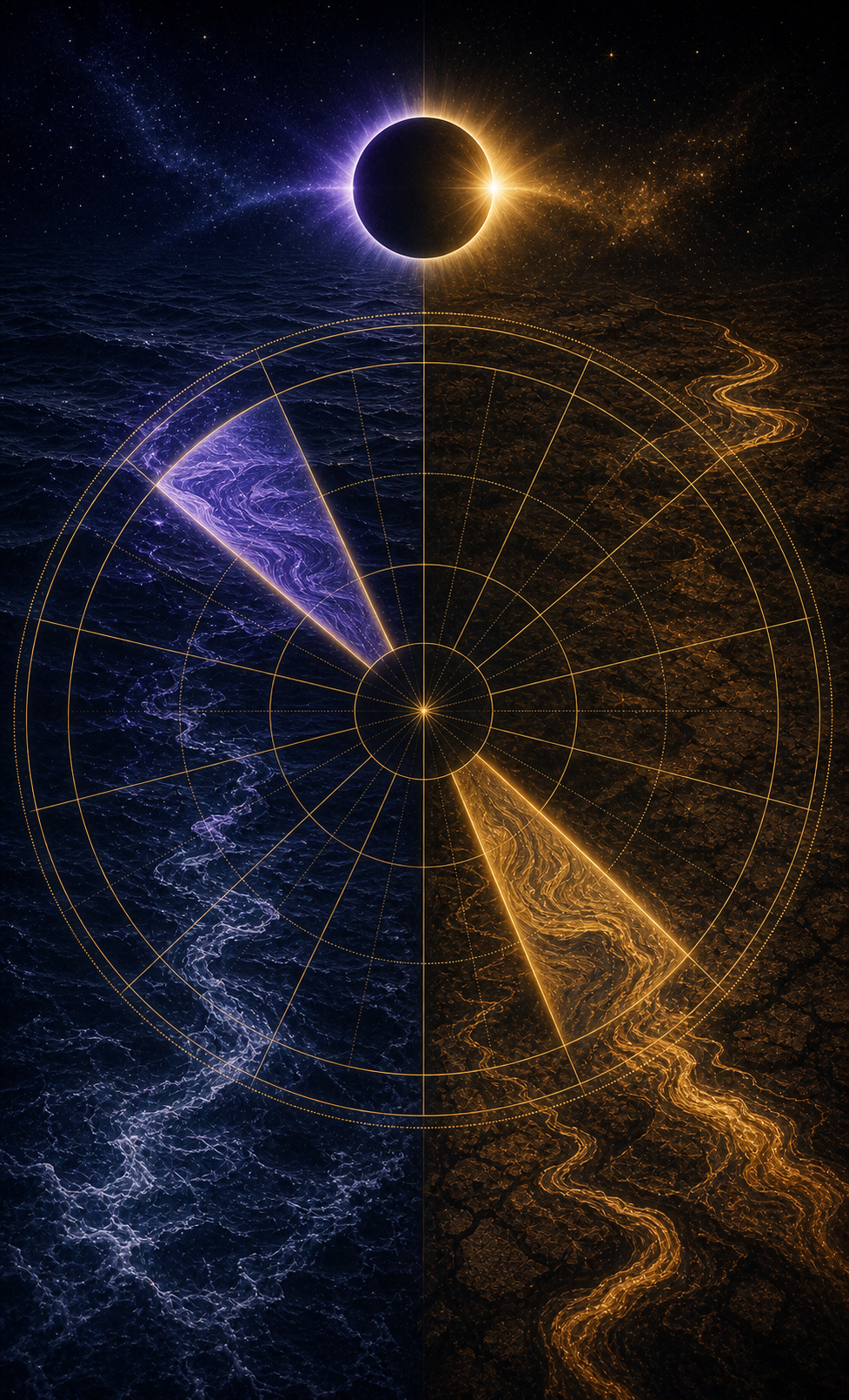 Pisces lunar eclipse house-axis image with opposite birth chart sectors illuminated by violet water and warm gold earth light
