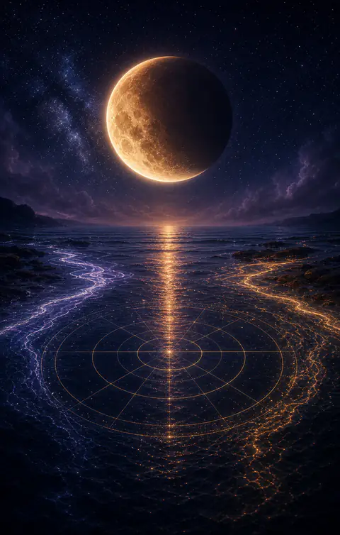 Pisces lunar eclipse 2026 image with a partial lunar eclipse reflected over dark water and clean chart geometry