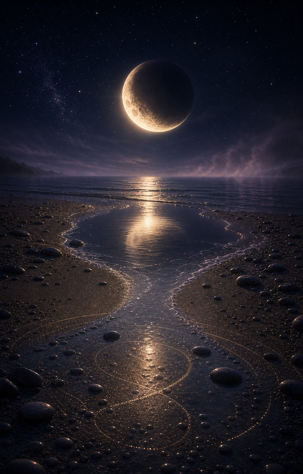Pisces lunar eclipse release image with a shadowed moon emerging over calm water and dissolved chart circles