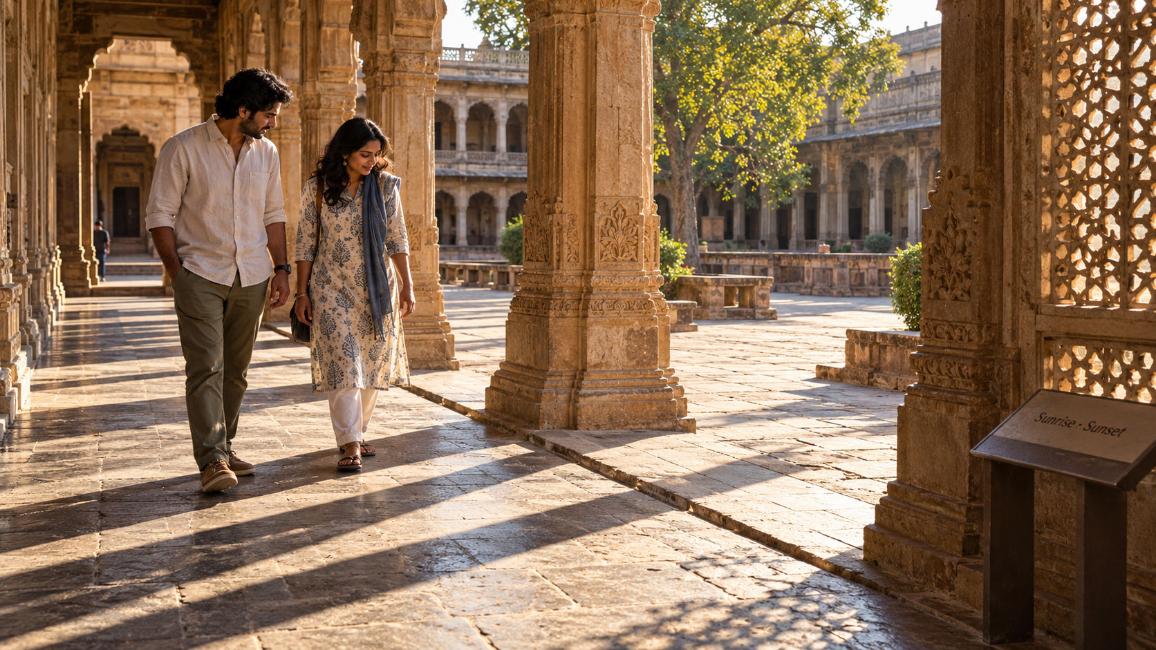 Two visitors walk through a stone arcade where afternoon sunlight casts pillar shadows across an Indian courtyard