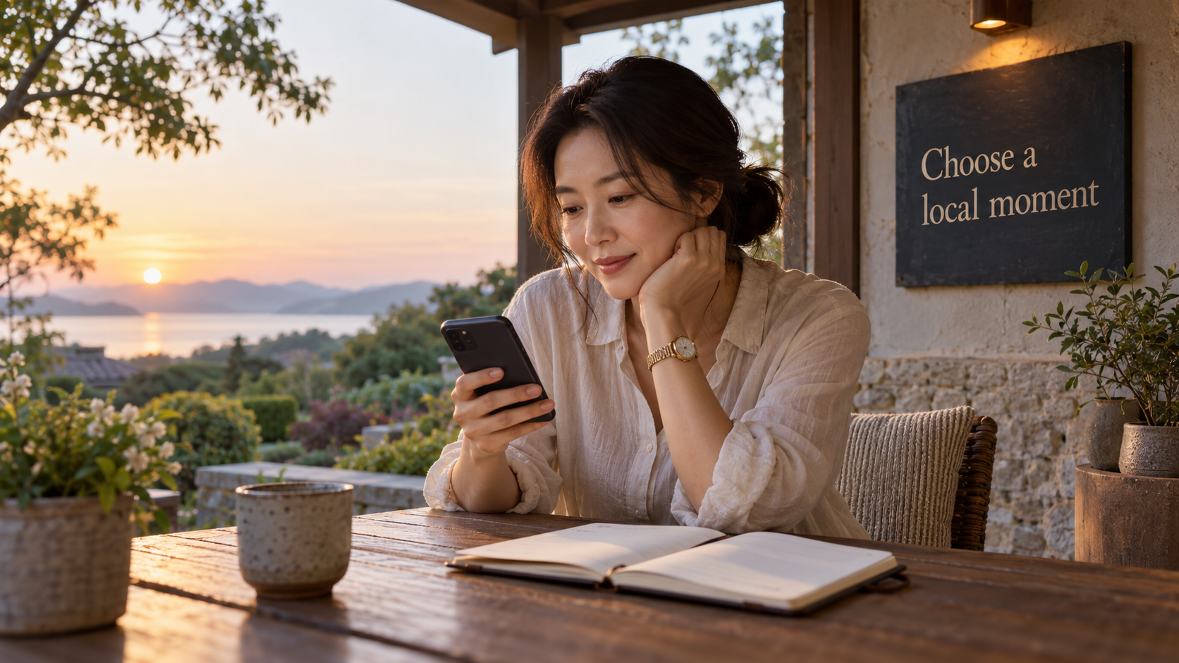 A woman checks her phone and planner on a veranda at sunrise