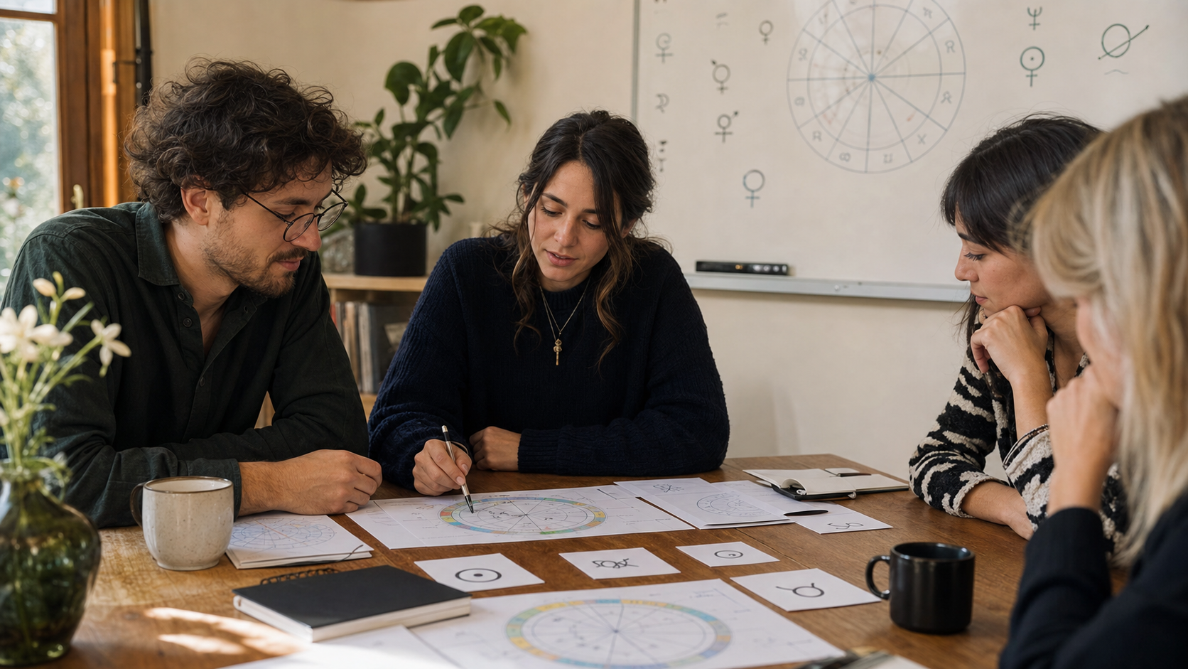 Planets in Astrology core meaning shown as a real-life astrology workshop with chart wheels and planet glyphs
