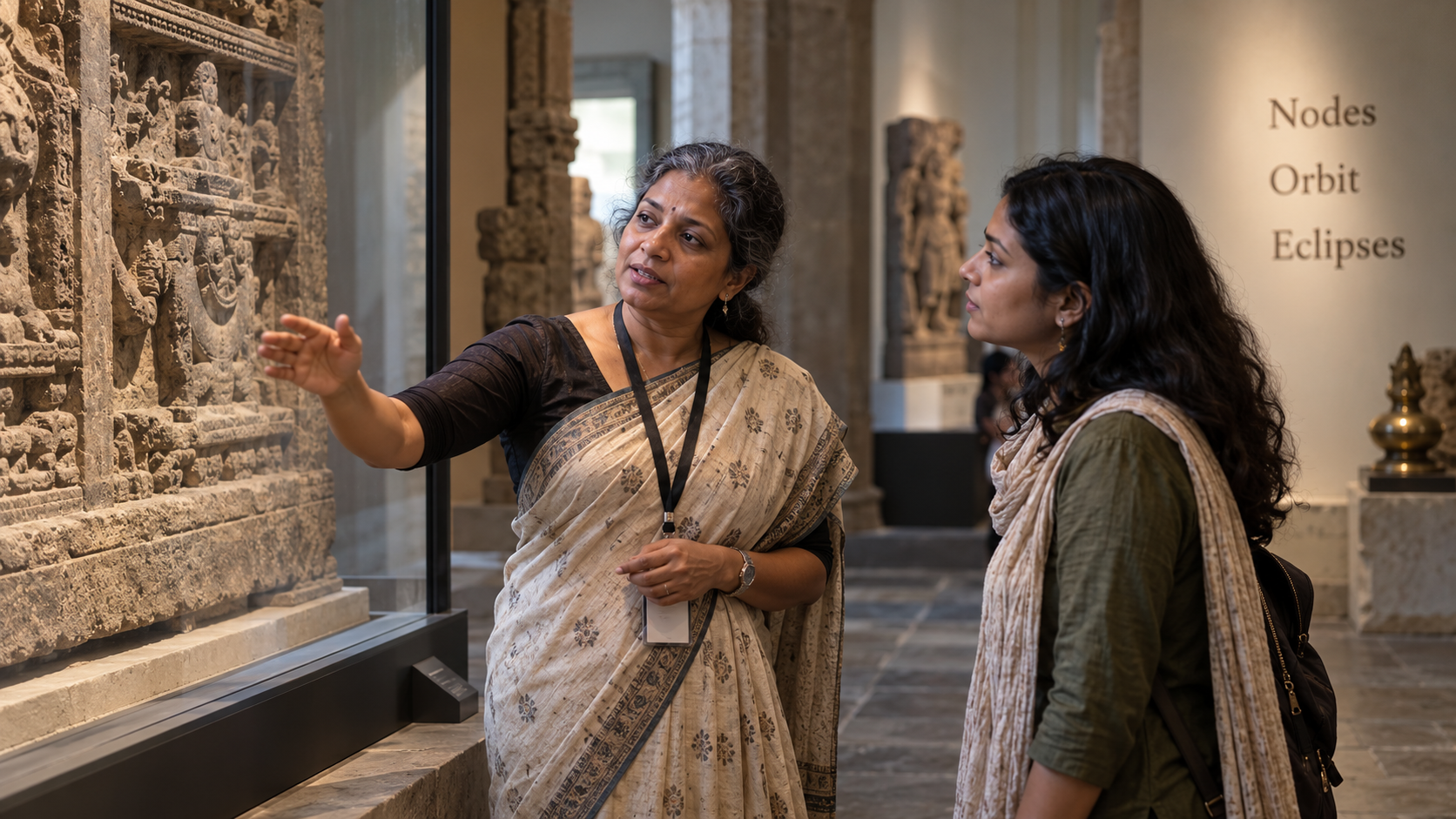A curator and visitor discuss a museum relief beside labels for nodes, orbit, and eclipses