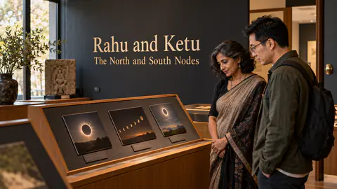 An educator and visitor discuss eclipse photographs beneath a Rahu and Ketu museum sign