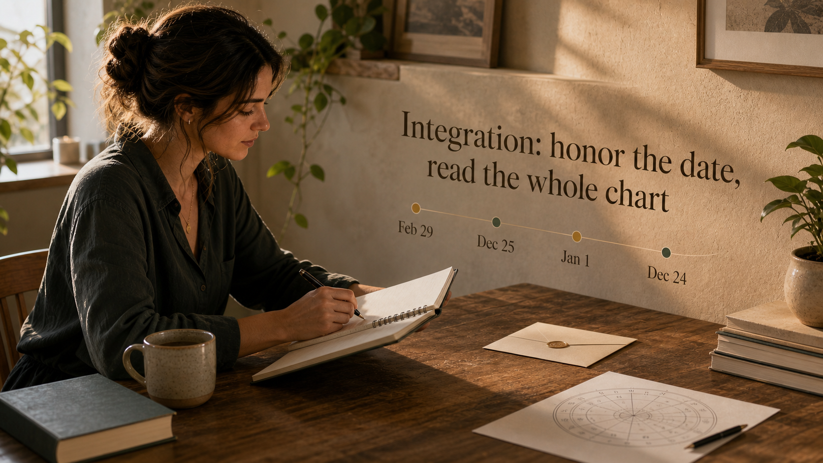 A person journaling with the phrase Integration honor the date read the whole chart on the wall