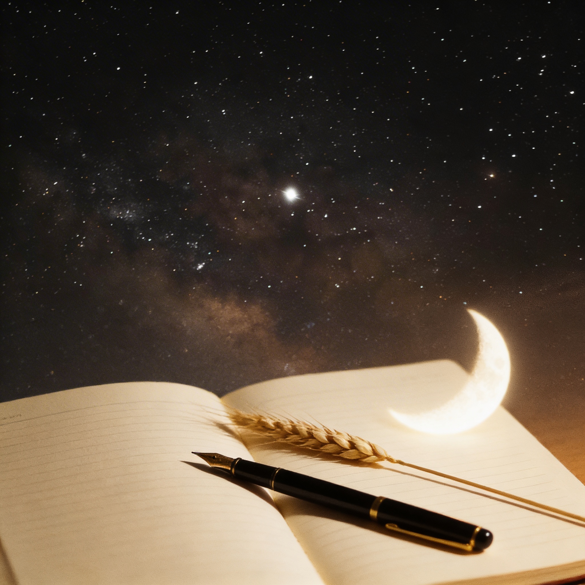 Open journal with wheat stalk and crescent moon — contemplative still life