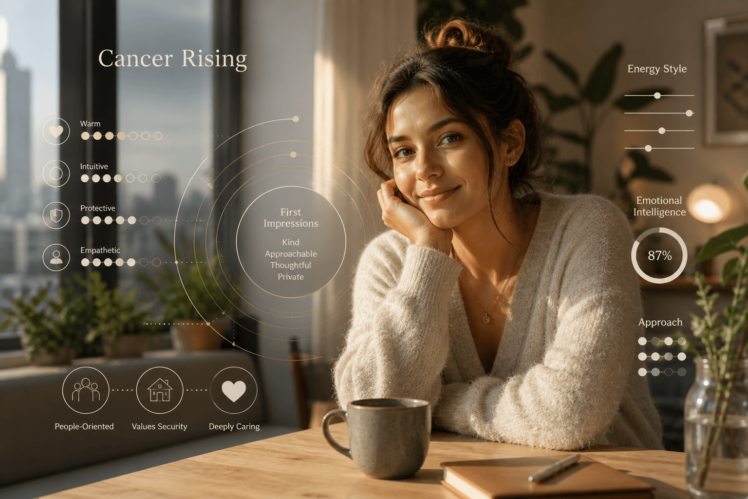 Rising in Cancer infographic image showing warmth, emotional intelligence, appearance, and first impressions