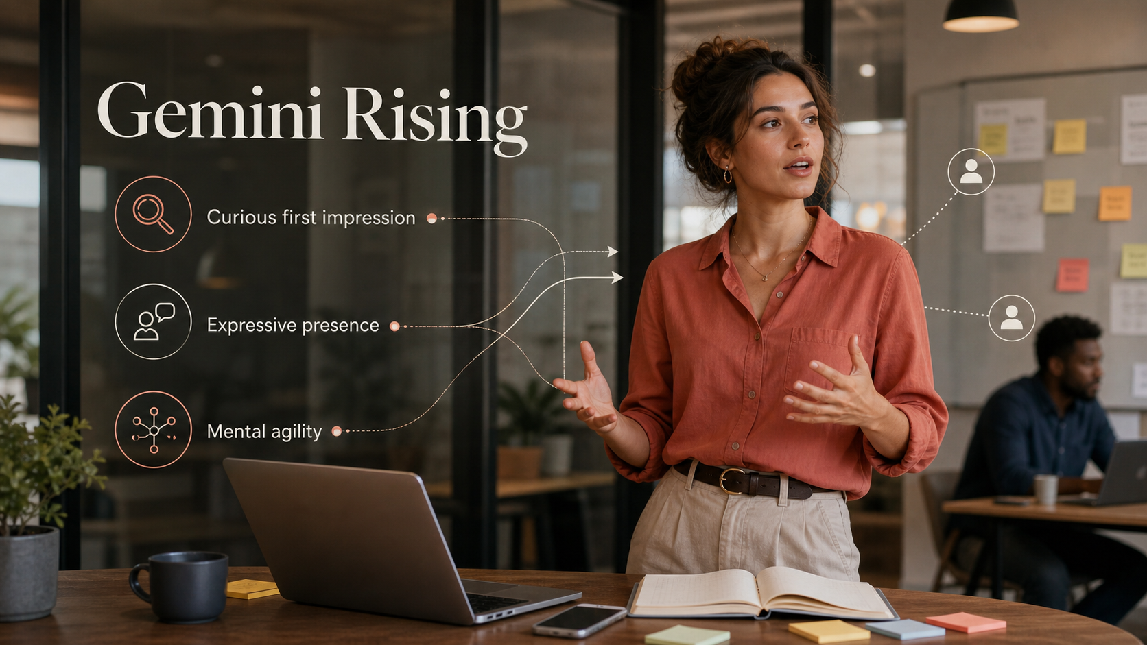 Rising in Gemini infographic image showing curious first impressions, expressive presence, and mental agility