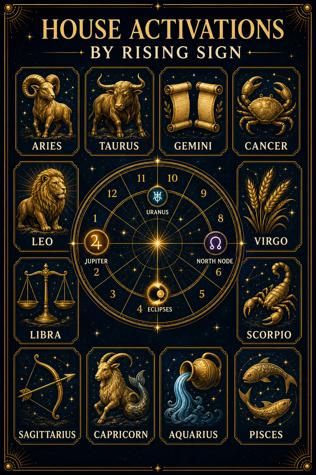House activations by rising sign infographic with twelve zodiac signs, natal chart wheel, Jupiter, Uranus, North Node, and eclipses