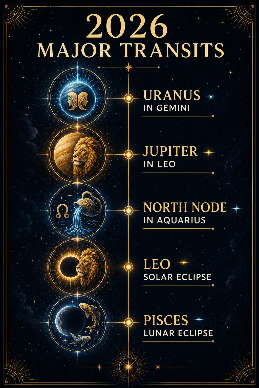 2026 major transits infographic with Uranus in Gemini, Jupiter in Leo, North Node in Aquarius, Leo solar eclipse, and Pisces lunar eclipse