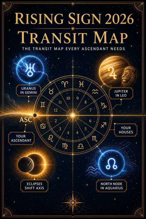 Rising sign 2026 transit map with Ascendant, natal houses, Jupiter, Uranus, nodes, and eclipses