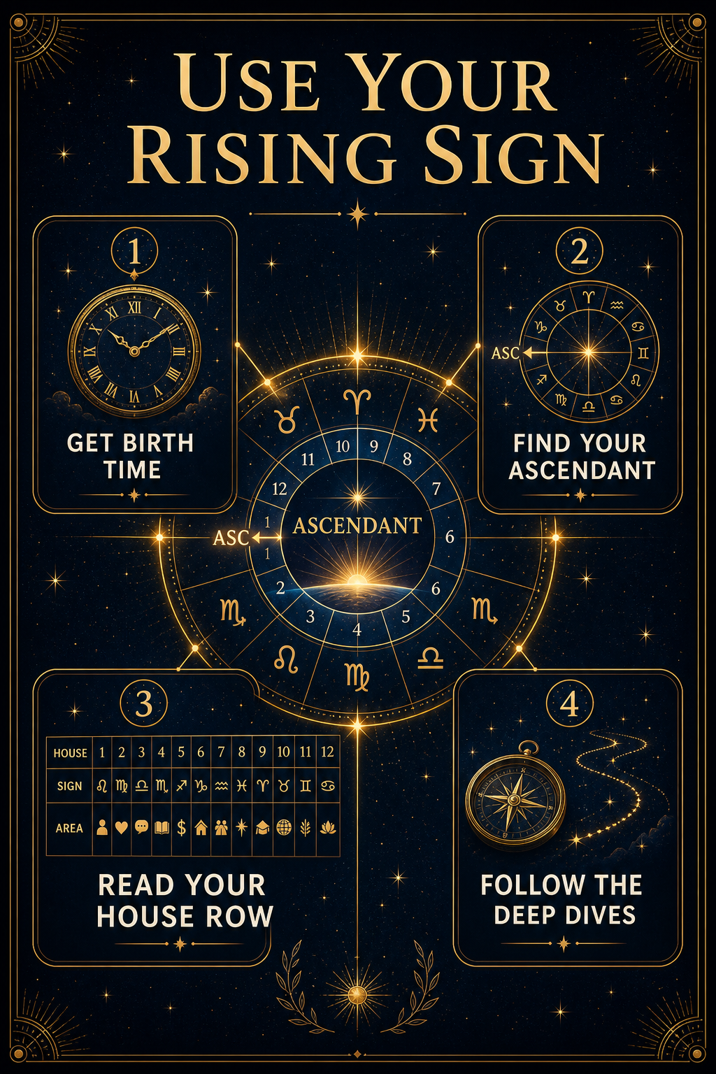 Use your rising sign guidance infographic with birth time, Ascendant, house row, and transit deep dives