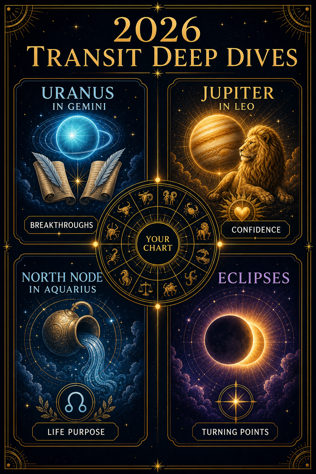 2026 transit deep dives infographic with Uranus in Gemini, Jupiter in Leo, North Node in Aquarius, and eclipses around a natal chart
