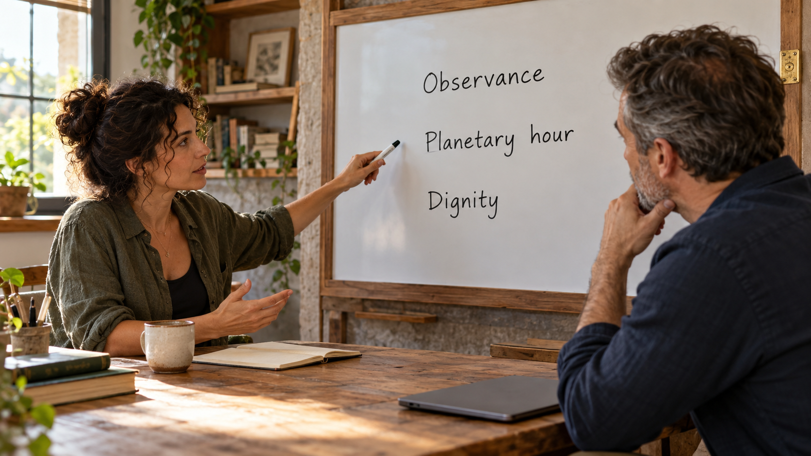 Two adults discuss observance, planetary hour, and dignity beside a teaching board