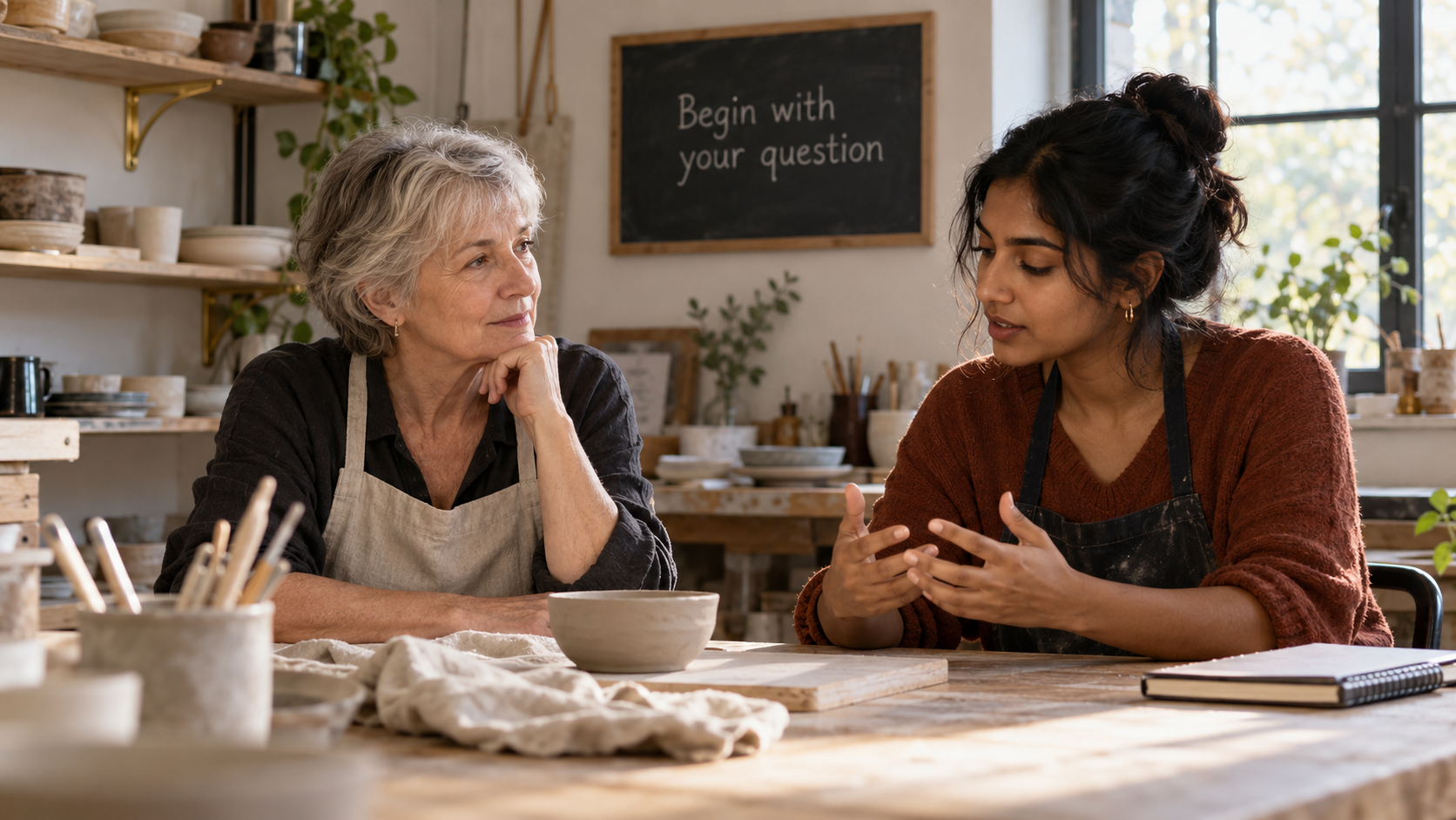 Two women pause for a thoughtful conversation in a ceramics studio