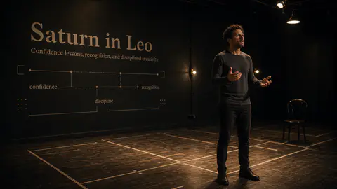 A person practicing alone in a rehearsal room with Saturn in Leo integrated into the wall