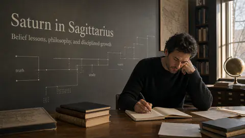 A person studying in a library with Saturn in Sagittarius integrated into the wall