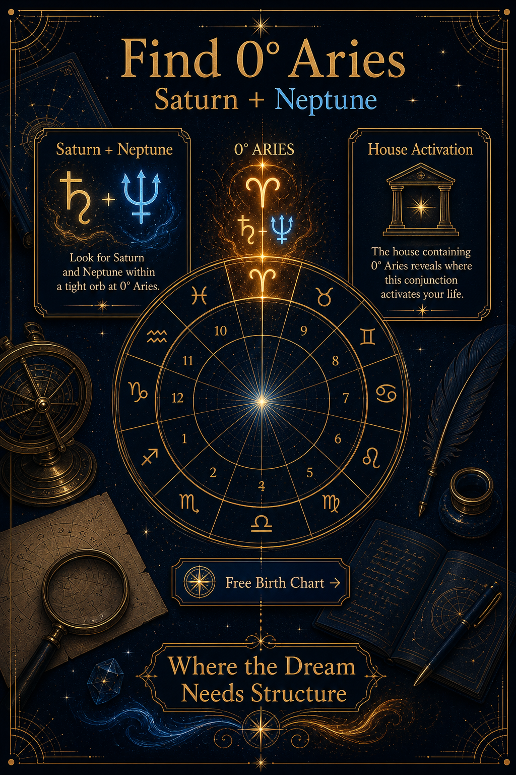 Birth chart guide showing how to find 0 degrees Aries and the Saturn Neptune house activation