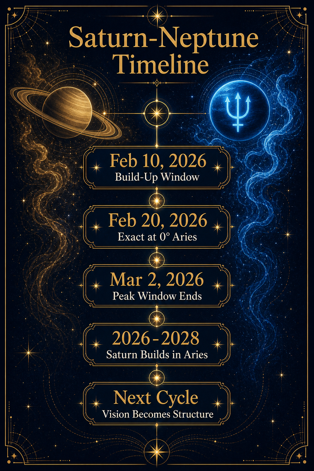Saturn Neptune timeline with February 10 build-up, February 20 exact conjunction, March 2 peak window end, and Saturn building in Aries from 2026 to 2028