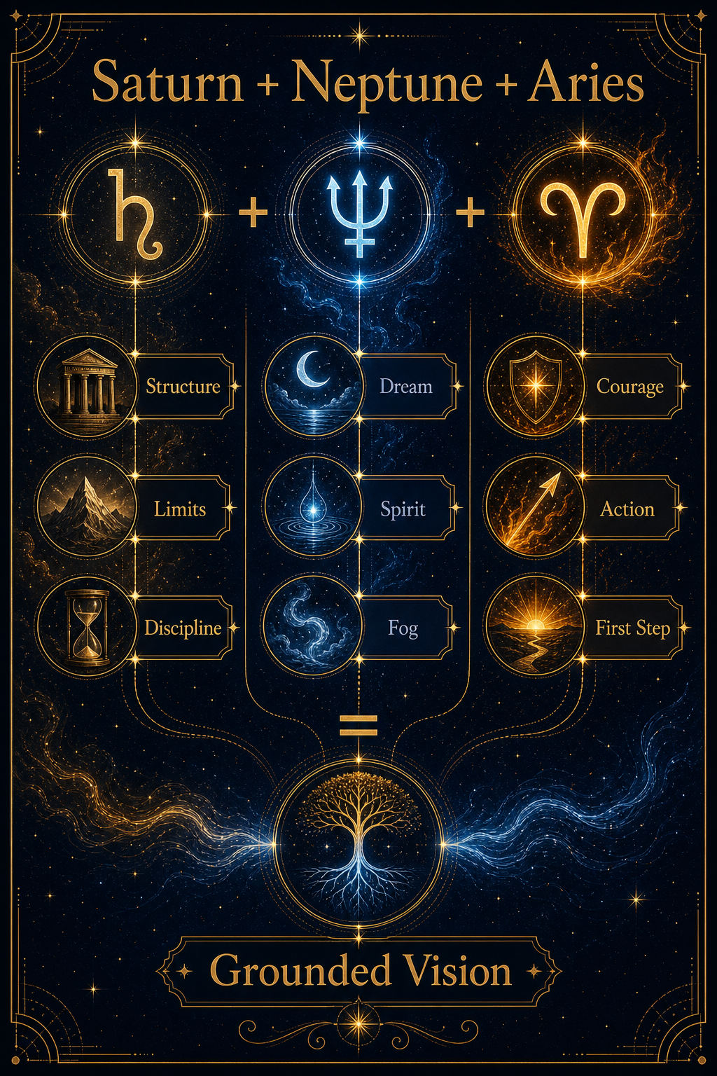 Saturn plus Neptune plus Aries meaning diagram showing structure, discipline, dream, spirit, courage, action, and grounded vision