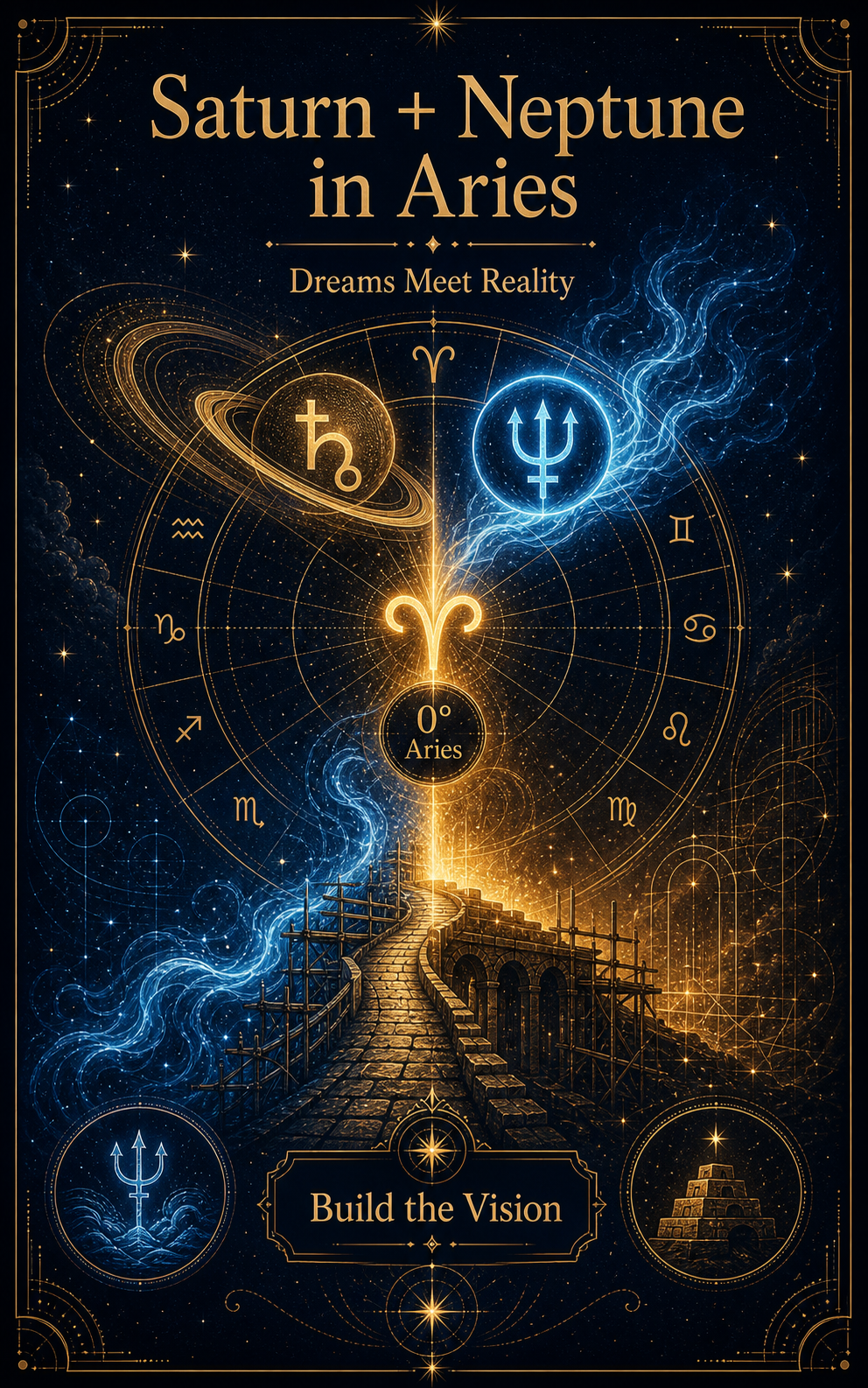 Saturn plus Neptune in Aries infographic showing dreams meeting reality at 0 degrees Aries