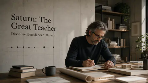 A person studying architectural plans with the title Saturn The Great Teacher integrated into the wall