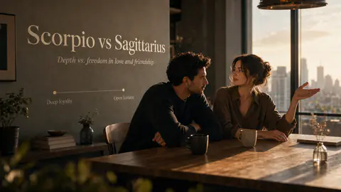 Two people in conversation with the title Scorpio vs Sagittarius integrated into the wall
