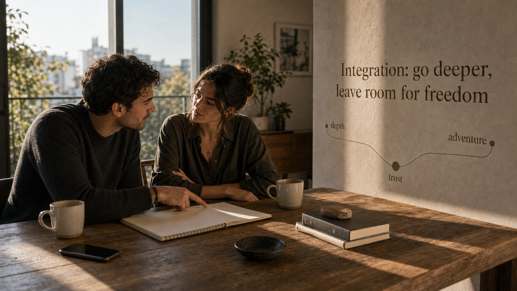 A couple discussing compromise with the phrase Integration go deeper leave room for freedom on the wall
