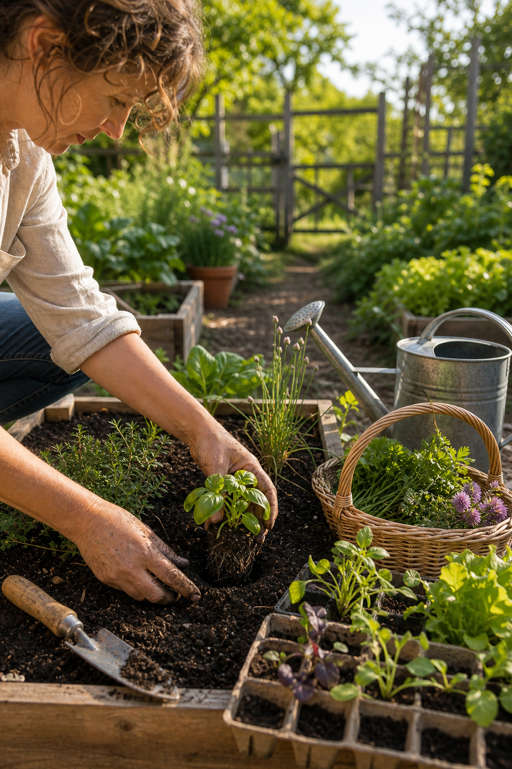 Seasonal living sow and tend scene with hands transplanting seedlings, a trowel, watering can, and sunny garden beds