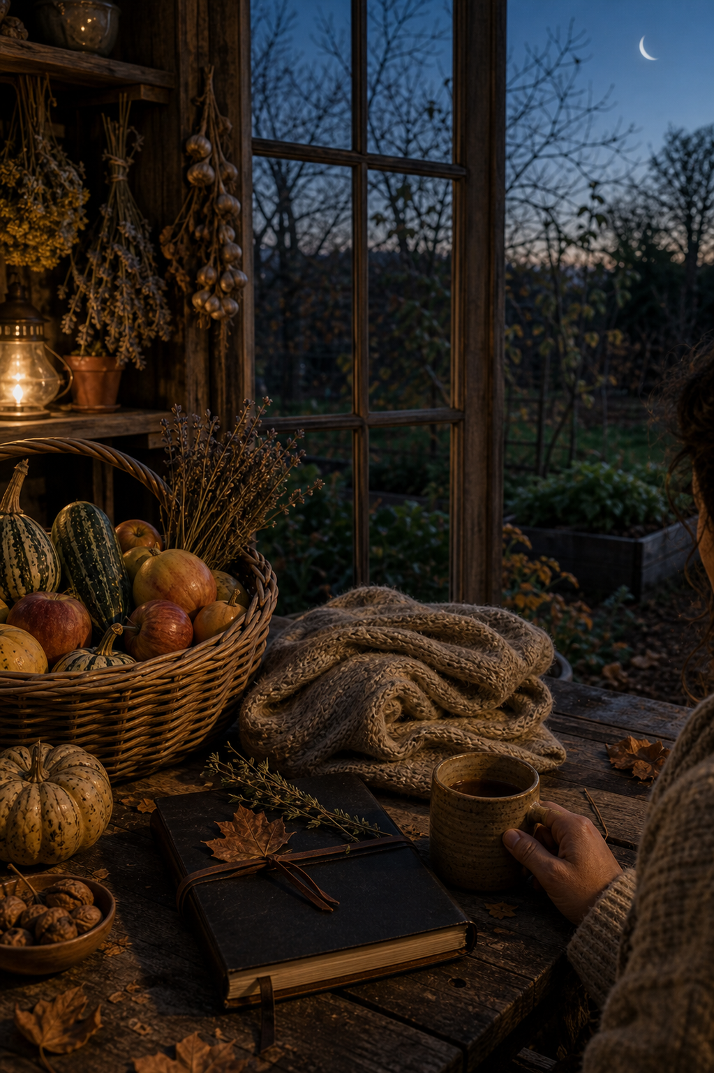Seasonal living autumn harvest and winter rest scene with squash, apples, dried herbs, tea, blanket, and a closed journal