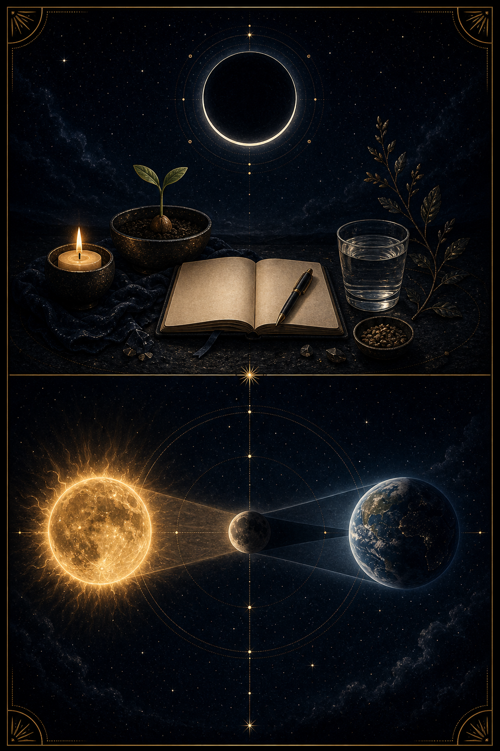 Solar eclipse vs New Moon image comparing a quiet dark moon altar with eclipse alignment geometry
