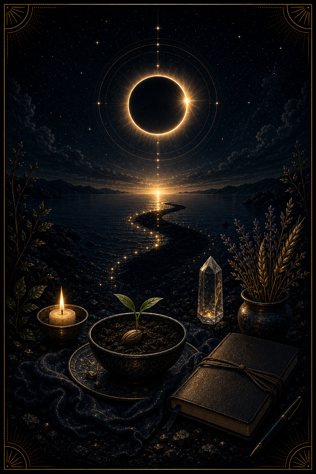 Solar eclipse and New Moon integration image with seed altar shadow path and gold eclipse doorway