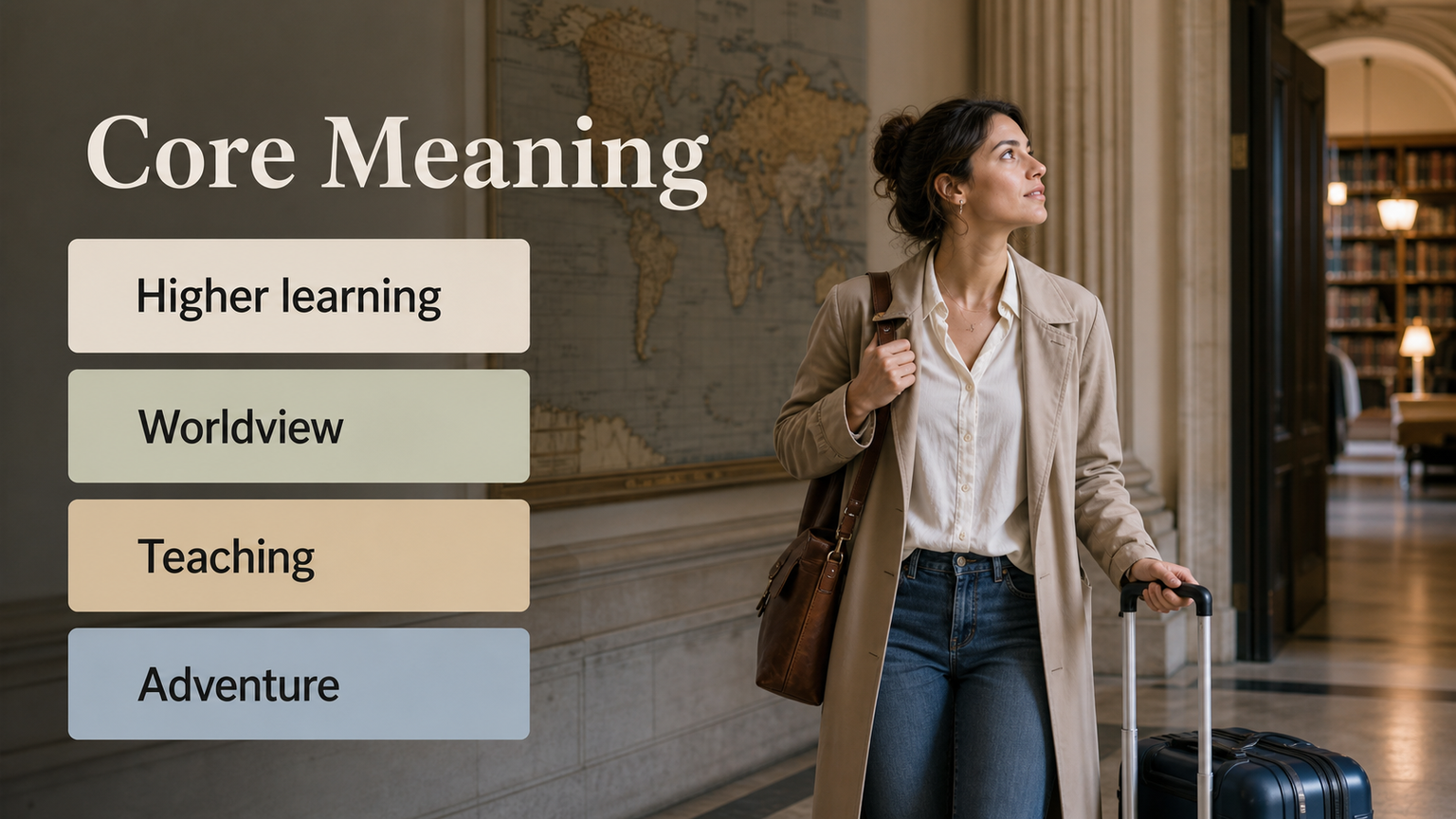 Sun in the 9th House infographic image showing higher learning, travel, worldview, wisdom, and meaning-making