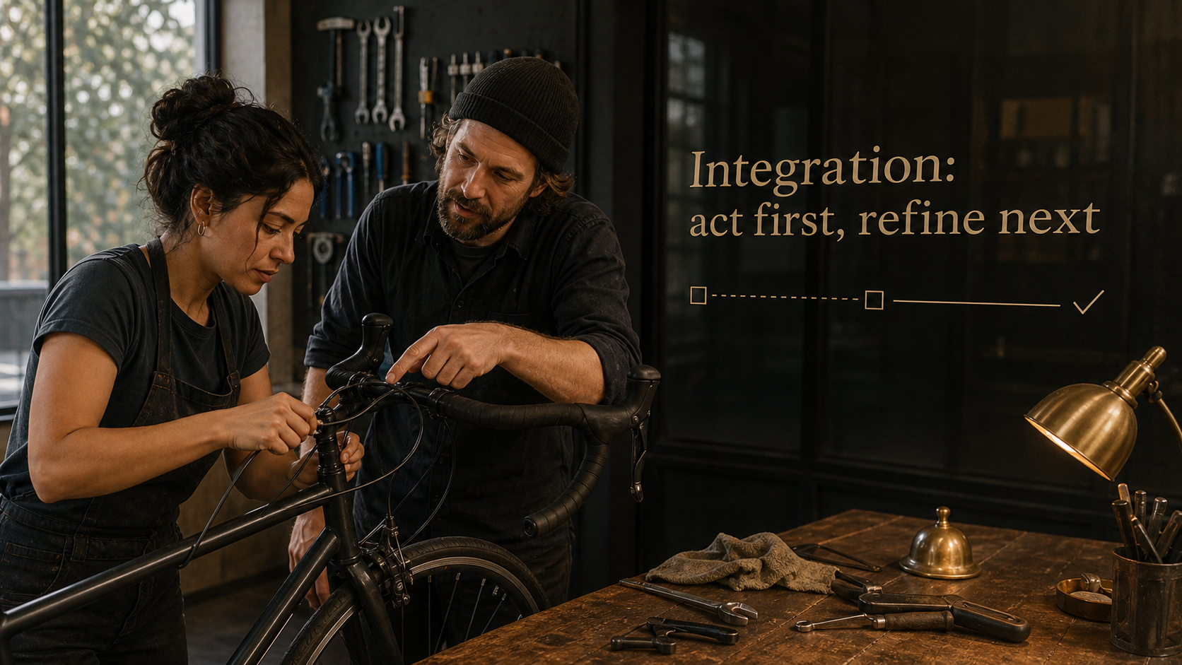 Sun in Aries integration image with act first refine next text in a bicycle repair workshop