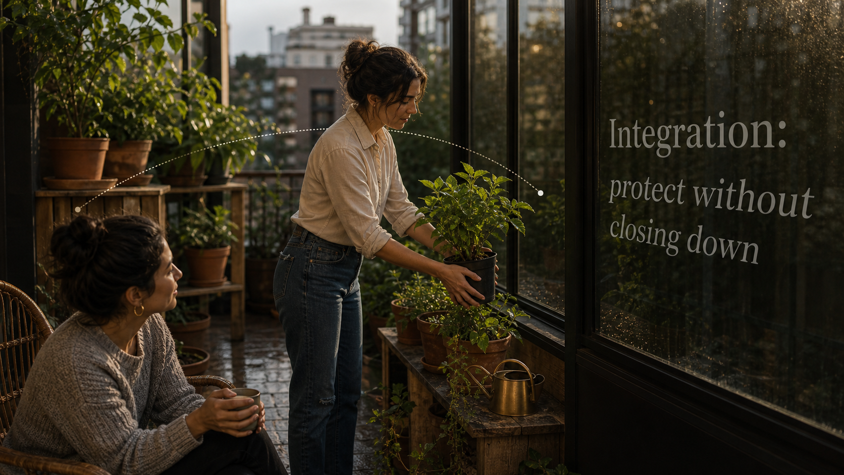 Sun in Cancer integration image with protect without closing down text in a balcony greenhouse