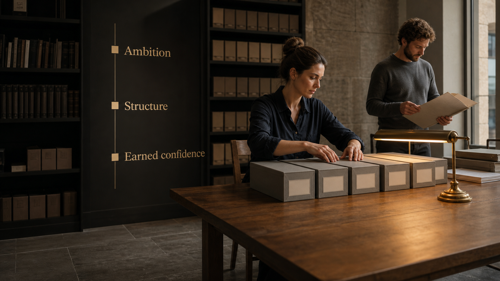 Sun in Capricorn core meaning image with ambition structure and earned confidence labels in an archive room